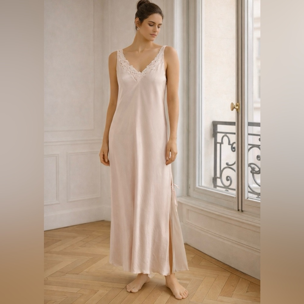 Vintage Valentino Slip Dress Womens Large Satin Maxi Nightgown Lace Ethereal